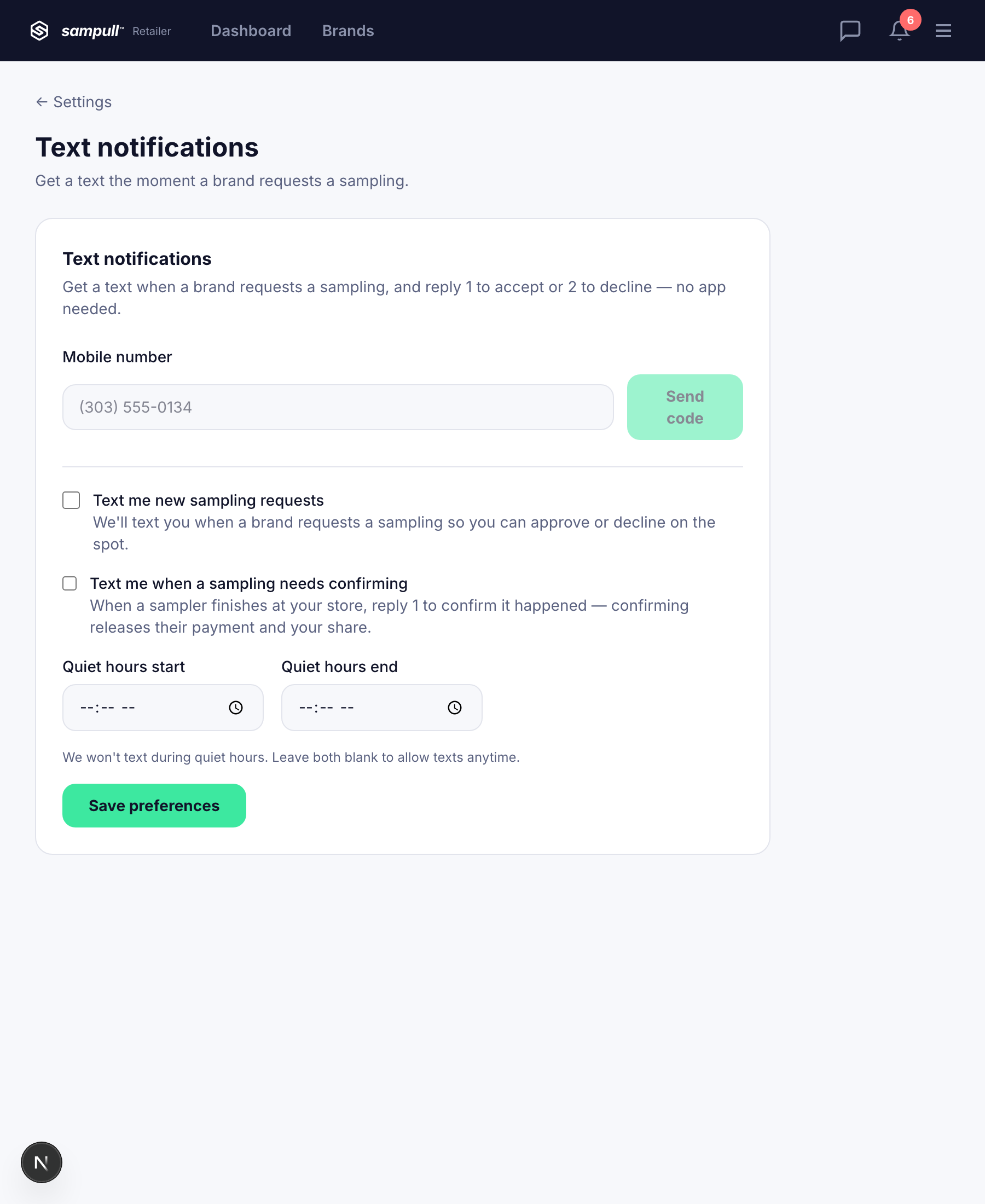 The Sampull Settings → Notifications screen, showing a mobile number field with a Send code button, message category checkboxes that are unchecked by default, and quiet-hours controls.